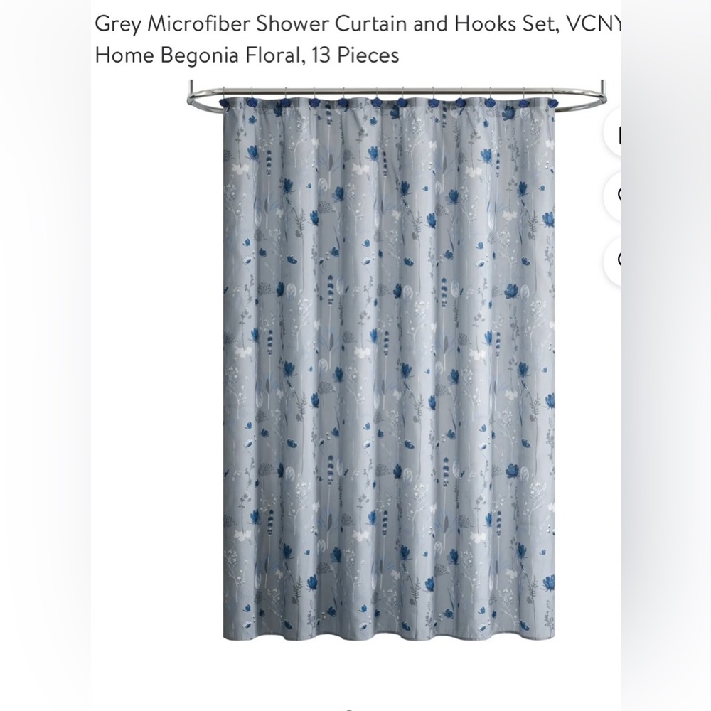 VCNY Home Begonia Grey Floral Shower Curtain Set with hooks - Picture 2 of 6